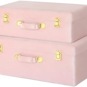 HofferRuffer Velvet Storage Trunks - Set of 2 Pink Upholstered Chests with Wood Frame & Gold Hardware, Stylish Bedroom O