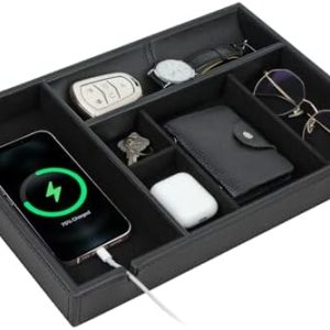 HofferRuffer Faux Leather Valet Tray - Decorative Nightstand Organizer with Phone Charging Station for Men & Women - Cat