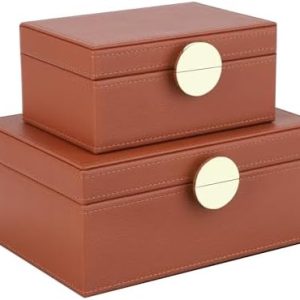 HofferRuffer Faux Leather Jewelry Boxes | Decorative Storage Organizer | Vegan Leather | Gold Hardware | Set of 2 | Brow