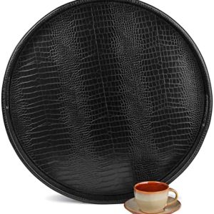 HofferRuffer Extra Large Round Serving Tray - Elegant Faux Leather Ottoman Table Tray - Ideal for Serving Tea, Coffee, o